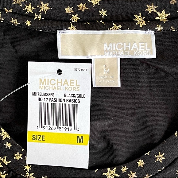 Michael Kors Cold Shoulders Blouse Gold Stars Print Long Sleeves Logo Ties - Picture 9 of 10